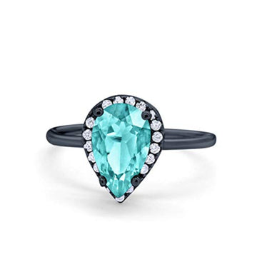 Teardrop Pear Wedding Ring Black Tone, Simulated Paraiba Tourmaline CZ 925 Sterling Silver